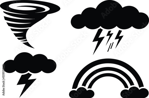 Weather icons set featuring tornado cloud with lightning rainbow isolated on a white background design vector