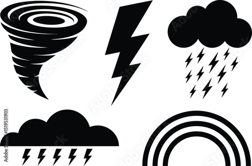 Illustration of tornado lightning cloud with rain rainbow weather icons in black and white style