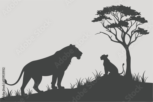 Lioness and cub silhouette under acacia tree in african savannah landscape