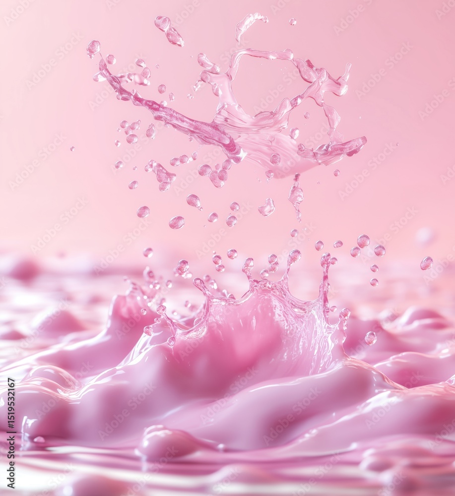 Pink water splash creating dynamic droplets in soft pastel background Pink water splash creating dynamic droplets in soft pastel background