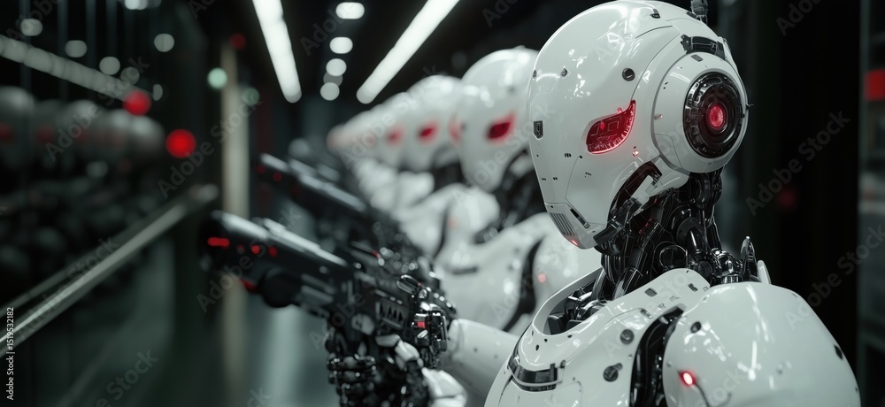 Fototapeta premium Futuristic robots lined up with advanced weaponry in high-tech environment