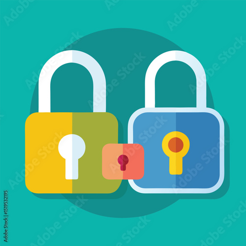 Secure Connection: A visually engaging digital illustration depicting a secure connection, featuring two padlocks in yellow and blue, and a small padlock in red in between.