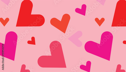 A seamless pattern of various sized hearts in shades of pink and red scattered on a light pink background
