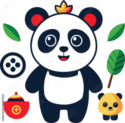Cute Panda with Crown and Accessories Cartoon panda