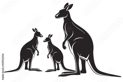 Minimalist vector illustration of a kangaroo family standing tall black and white