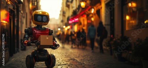 Wallpaper Mural Robot delivery service in urban street at dusk with warm lighting and pedestrians Torontodigital.ca