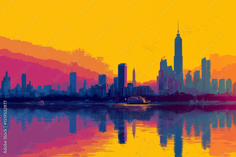Obraz premium Abstract colorful city skyline with reflection at sunset