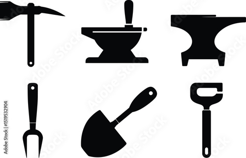 Illustration of six black silhouette tools including a hammer anvil and a shovel on white background