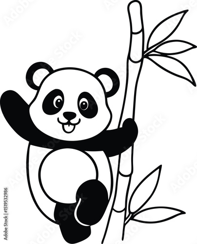 Cute Panda Climber on Bamboo Black and white