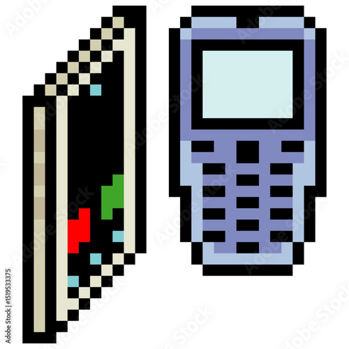 Smartphones and old phones with pixel art
