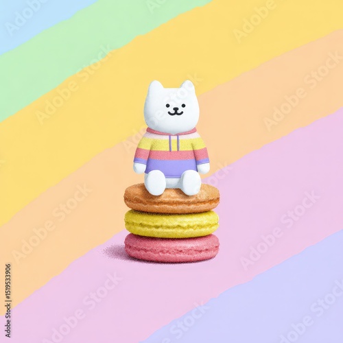Fluffy cartoon cat with pastel hoodie, sitting atop pancake tower, happy face, background of candy swirls and pastel rainbows