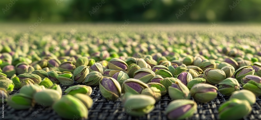 Fototapeta premium Pistachio nuts drying in the sun on a farm with blurred green background