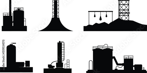 Silhouette illustration of industrial structures including tanks, towers, and processing units on white