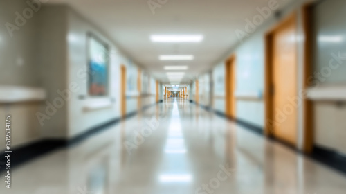 A long blurred hospital corridor with doors on either side under fluorescent lighting