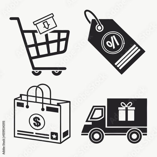 E-commerce black icon pack – cart, payment, tag,  clean stroke style for online store UI.
