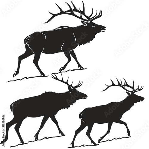 Silhouette illustration of majestic elk herd walking gracefully across the open wilderness