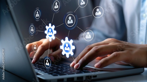 A person typing on a laptop with an overlay of icons surrounding a central 