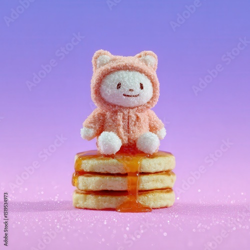 Happy fluffy cat wearing hoodie and sitting on pancakes, strawberry syrup, pastel fantasy sky with clouds and glitter
