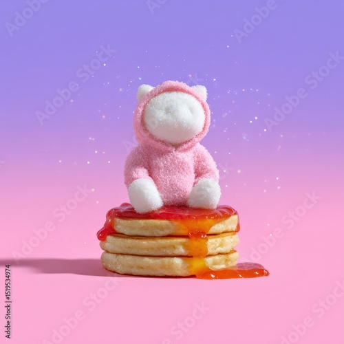 Happy fluffy cat wearing hoodie and sitting on pancakes, strawberry syrup, pastel fantasy sky with clouds and glitter