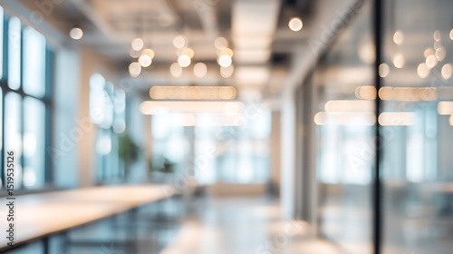 Blurry office space with lights table and glass walls