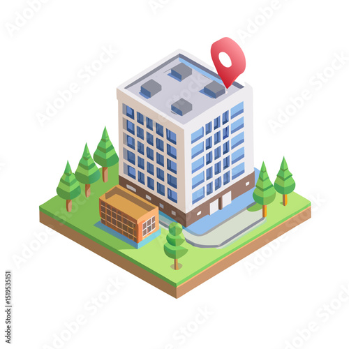 Isometric office building location pinpoint illustration