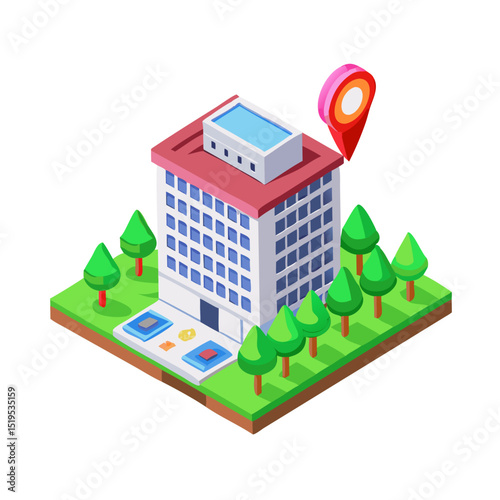 Isometric building with trees and location pin on white background