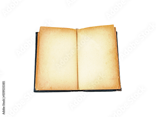 Open book with blank pages for adding text. Yellow pages of an old book. Free space for text. Isolate without background. Image for mockup. Insert photo into template. Write text. Image format png.