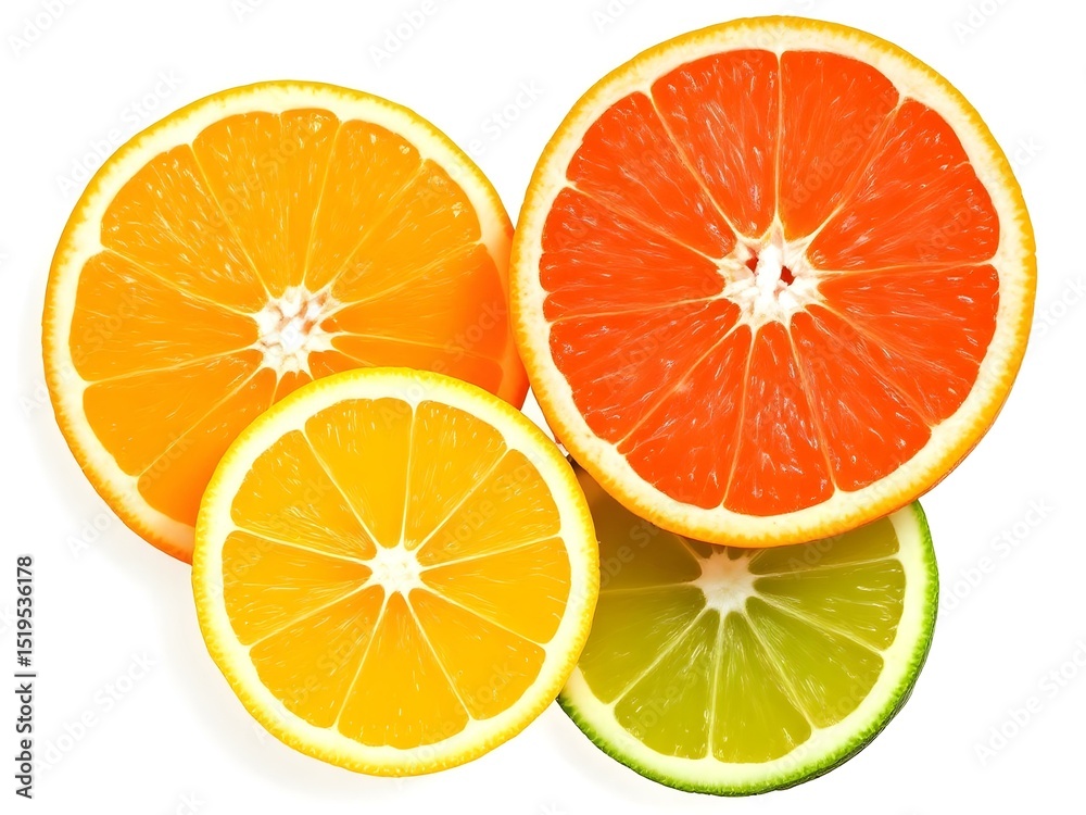 Fototapeta premium A high-quality, isolated arrangement of four citrus fruit slices, featuring a vibrant, juicy cross-section of red grapefruit, orange, yellow lemon, and green lime. Each fruit slice is perfectly cut