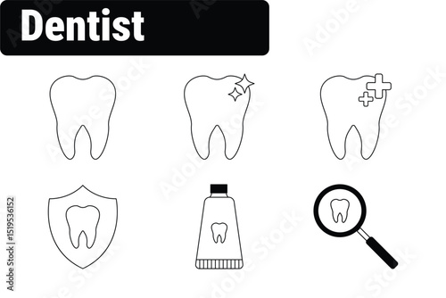 icon set related to dental care including teeth, toothpaste, shield, and magnifier