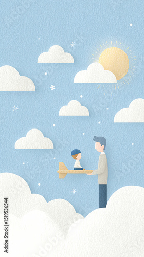 Dad and child are flying in the air in paper airplane