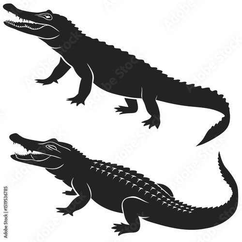 Two alligator crocodile silhouette illustrations dark reptile predators isolated on white