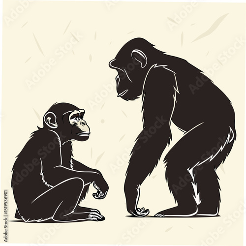 Two chimpanzees communicating monochrome illustration ape social interaction primates in conversation