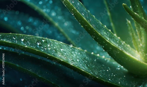 Close-up view of aloe vera leaves covered in water droplets.