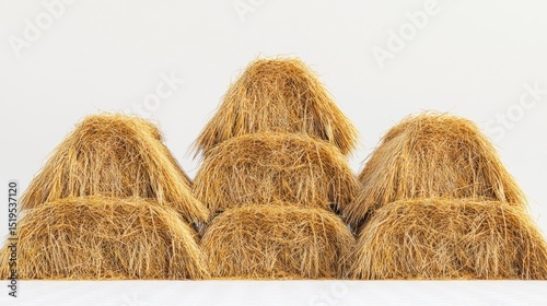 Four golden hay bales, neatly stacked against a stark white background, creating a visually appealing symmetrical arrangement