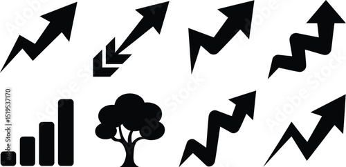 A collection of various black vector icons including arrows, a tree, and a bar graph on white