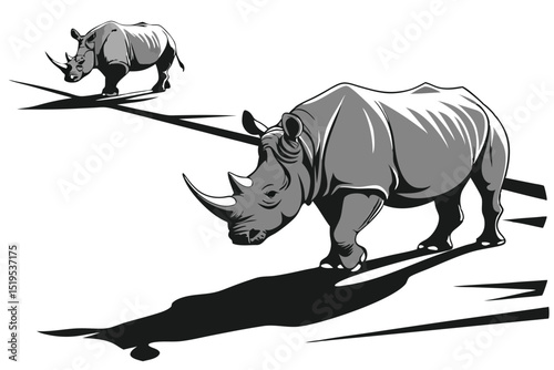 Two rhinoceros walking in the wild isolated on white background vector illustration