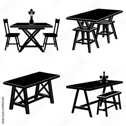 Four black and white illustrations of tables and seating arrangements in various configurations