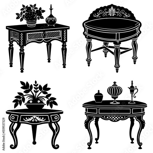 Four antique tables with decorative legs and ornate details in a black and white vector illustration