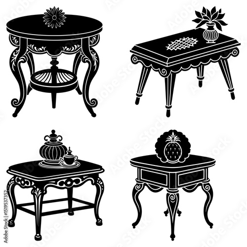 Illustration showing four antique tables with different shapes and decorations in a black and white style