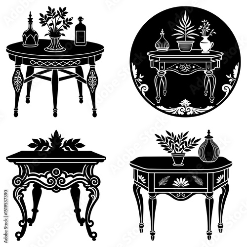 Collection of elegant tables with decorative elements and various objects in black and white style design