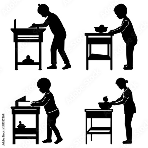 Silhouettes of children playing at tables with various objects in a playful and imaginative scene set indoors