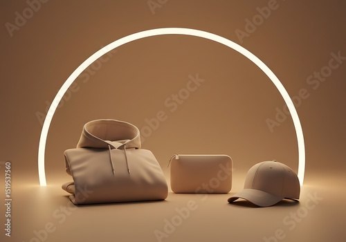 Beige Hoodie, Pouch, and Cap Displayed Under Soft, Warm Lighting photo