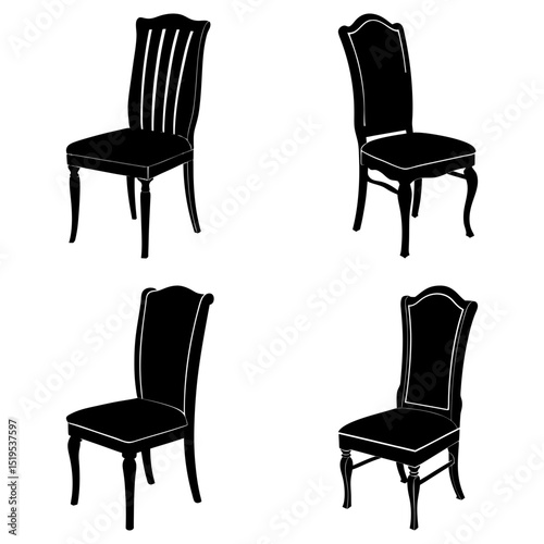 Four elegant black silhouette chairs with varying designs arranged on a white background space here