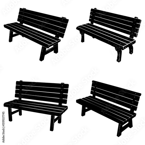 Four black and white benches with backs and seats made of multiple planks in a grid arrangement