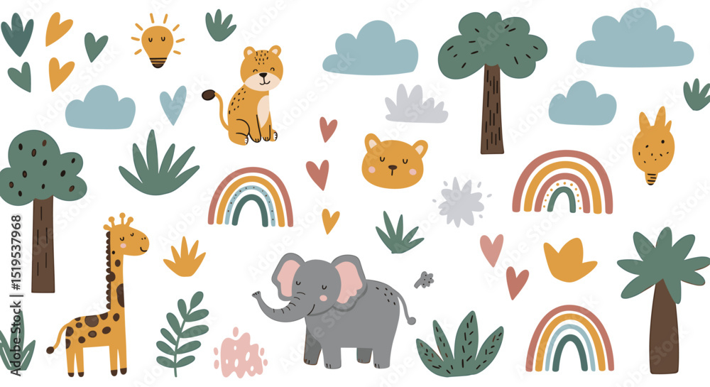 Obraz premium Cute animal illustrations with giraffe elephant leopard and rainbow design elements