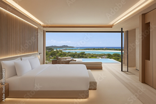 Luxury hotel room with breathtaking seaside view and modern decor