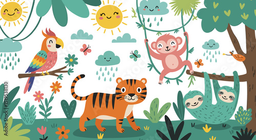 Cute cartoon jungle animals illustration