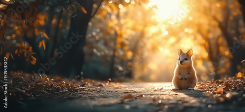 Adorable fox sitting on path surrounded by autumn foliage in golden sunlight