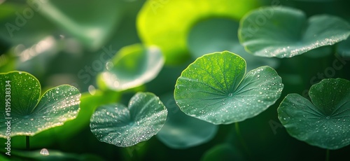 Lush green lotus leaves with dew drops glistening in soft morning light