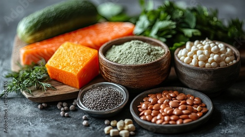 Assortment of healthy foods rich in zinc mineral displayed on a dark background for a balanced diet